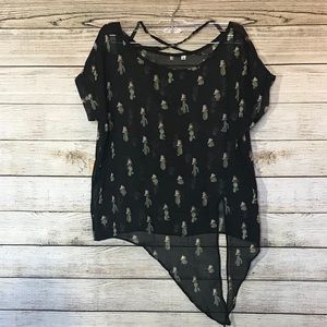 Sheer top, short cuffed sleeves, side waist tie